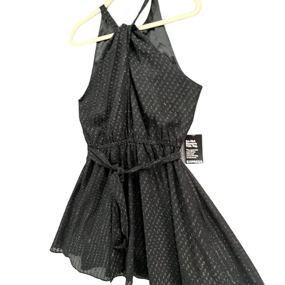 Express Metallic Halter Dress M Black Sparkle Fit Flare Belted Party Evening NEW - Picture 3 of 16